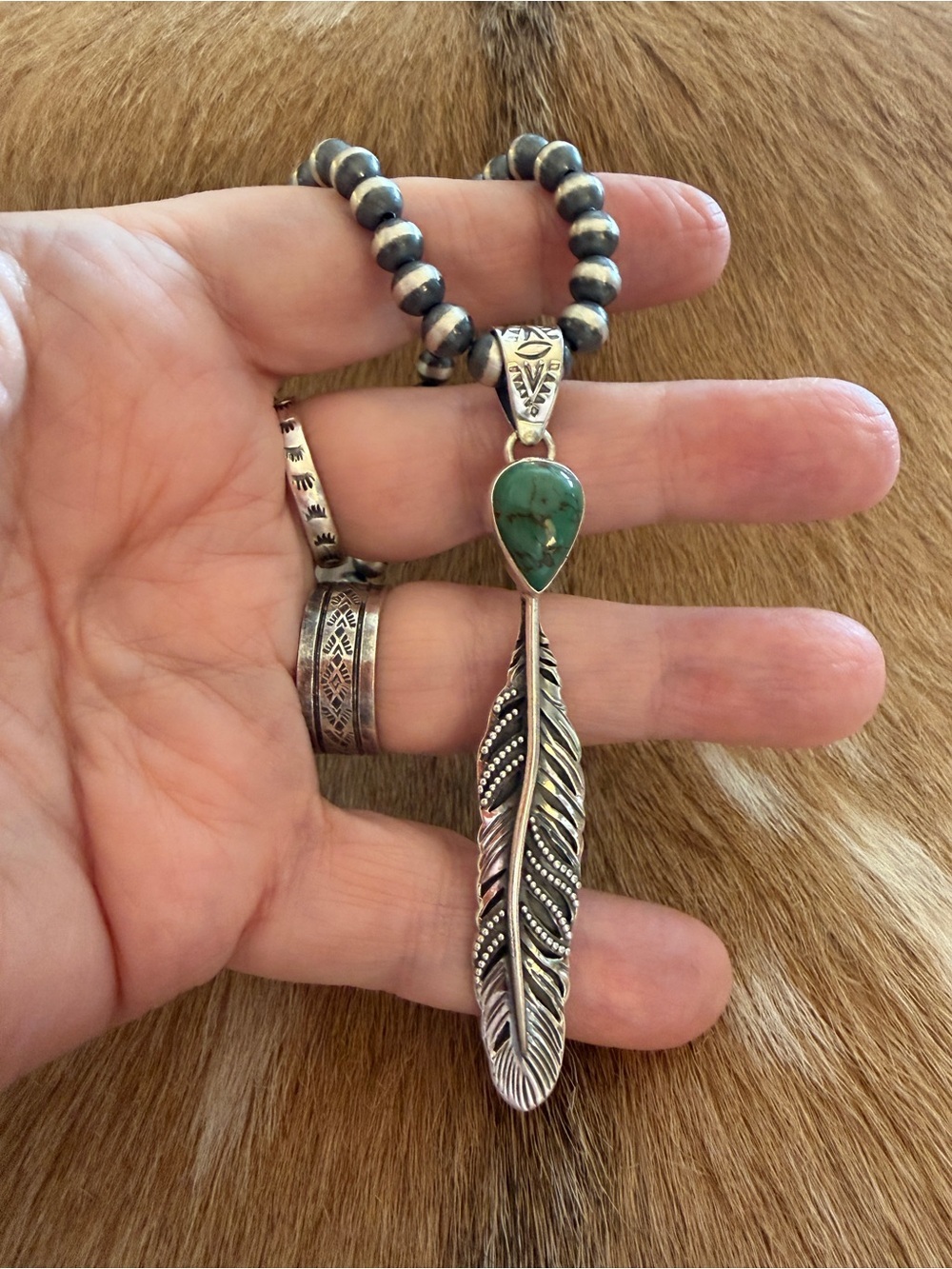 ❤️Kingman Turquoise Hand Crafted Feather Sterling 925 Pendant 9.7G Unisex 3.29”L